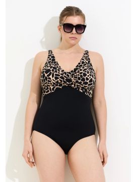 Купальник женский слитный Fardas (48-56) Верх принт жираф, переплет под грудью.