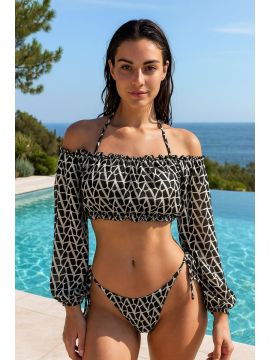 Купальник раздельный FARDAS (38-46) Лиф шторки + плавки + Накидка топ с рукавами, принт LV.