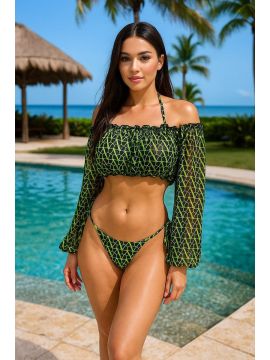 Купальник раздельный FARDAS (38-46) Лиф шторки + плавки + Накидка топ с рукавами, принт LV.